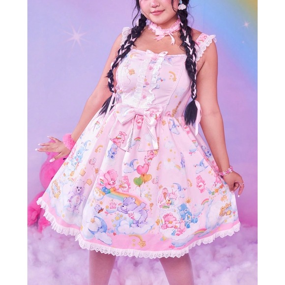 ROMWE Dresses & Skirts - Romwe Care Bears Pink Lace Trim Bow Mini Dress 4XL Kawaii Pastel Rainbow Cosplay